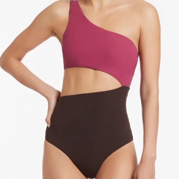 Anthropologie Jets Australia Versa One Shoulder Color Block Cutouts Swimsuit 12 - Picture 1 of 8